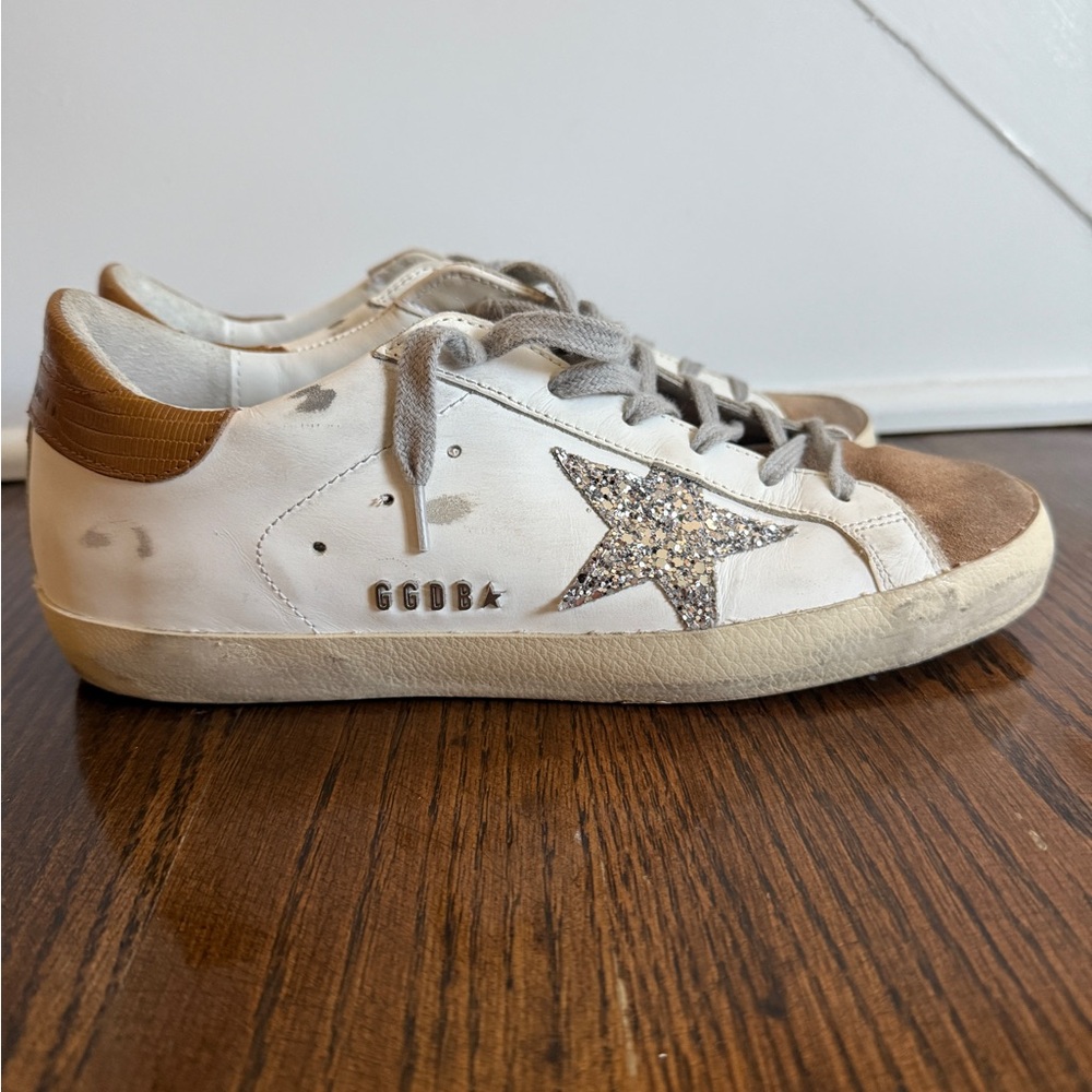 Golden Goose White and Brown Sneakers with Glitter Star